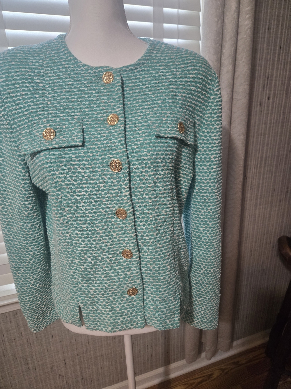 Vintage Sea Green Wool Tweed Blend Button-Front Jacket with Gold Buttons Sz 12